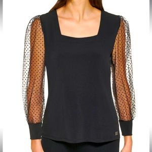 Calvin Klein Womens Sheer Sleeves Square Neck Pullover Top
